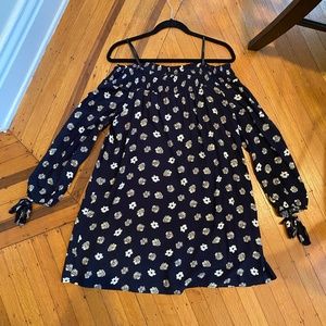 Strapless long-sleeve navy blue floral dress
